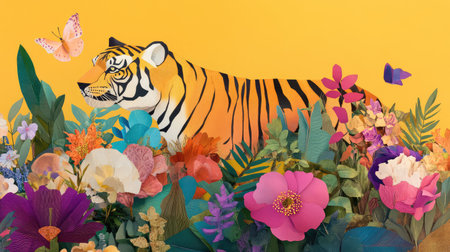 This captivating image features a paper art creation of a tiger nestled among an array of colorful flowers and butterflies, set against a bright yellow backdrop.の素材