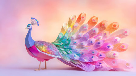 This stunning paper art creation features a vibrant peacock with multicolored feathers set against a dreamy pastel background, showcasing artistry and creativity.の素材
