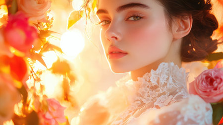 A stunning portrait of a woman framed by blooming roses, exuding elegance and charm. The soft light enhances her ethereal beauty, creating a serene atmosphere.の素材
