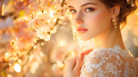 Capturing the beauty of a young woman amidst blooming flowers, this portrait radiates elegance and serenity, highlighting spring's enchanting essence.の素材