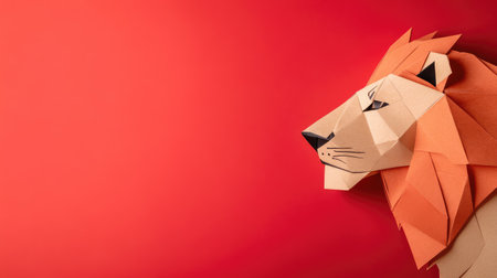 This artistic depiction of a colorful paper lion head showcases geometric shapes against a vibrant red backdrop, perfect for diverse creative projects.の素材