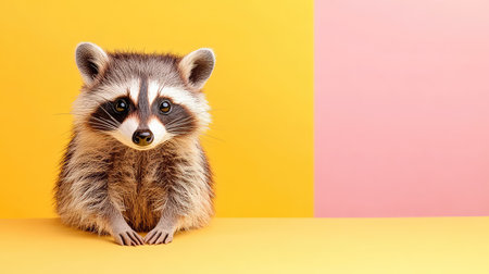 A charming portrait of an adorable raccoon with fluffy fur sitting against a vibrant yellow and pink backdrop, showcasing the playful essence of wildlife.の素材