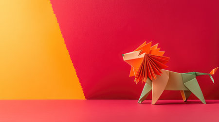 This vibrant origami lion figure showcases an explosion of colors against a geometric background, perfect for artistic projects and educational displays.の素材