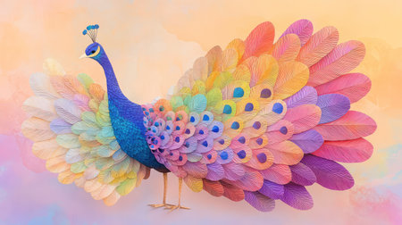 This stunning digital illustration features a vibrant peacock showcasing an array of colorful feathers against a soft pastel backdrop, embodying beauty and elegance.の素材