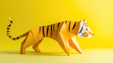 A vivid paper origami tiger stands poised against a bright yellow background, showcasing intricate tiger stripes and a dynamic pose, celebrating creativity and art.の素材