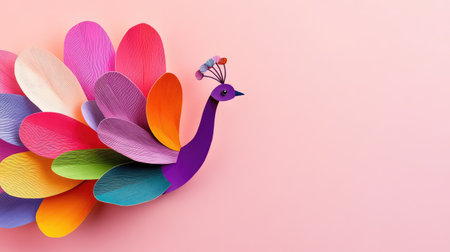This artistic creation features a beautiful paper peacock with vibrant feathers against a soft pink background, showcasing creativity and craftsmanship.の素材