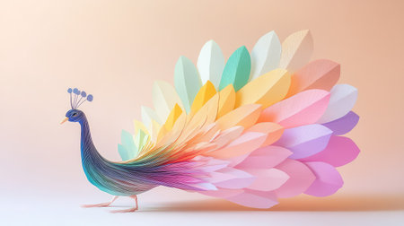 This stunning paper art piece showcases a beautifully crafted peacock, featuring vibrant and colorful feathers that capture creativity and elegance.の素材