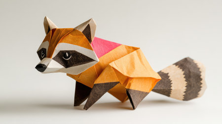 This vibrant origami raccoon showcases intricate paper folding techniques with a playful design, perfect for art lovers and educational projects.の素材