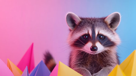 A charming raccoon with expressive eyes peeks over a colorful pile of origami paper in a vibrant and playful setting, showcasing its curiosity.の素材