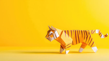 This vibrant origami tiger is crafted from paper, showcasing intricate details and bold colors, set against a cheerful yellow backdrop to emphasize creativity.の素材