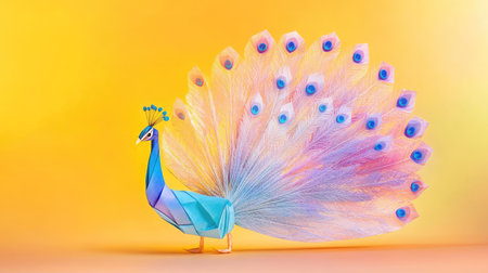 This artistic representation of a paper peacock showcases intricate folds and vibrant colors, set against a bright yellow background for a striking visual impact.の素材