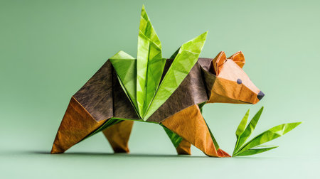 A stunning origami bear crafted from paper, set against a soft green backdrop. The bear blends harmoniously with vibrant green leaves, showcasing artistic skill.の素材