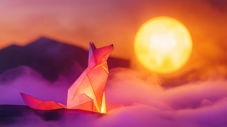 This stunning image features an origami fox illuminated by a warm sunset, surrounded by colorful mist. Ideal for themes of creativity and nature.の素材