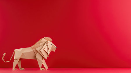 A beautifully crafted origami lion made from paper is positioned against a vibrant red background, illustrating intricate folding techniques and creative artistry.の素材