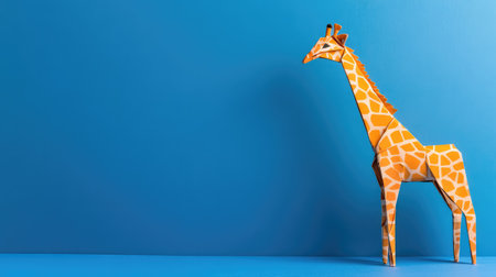 This vibrant paper giraffe model stands against a vivid blue background, perfect for adding a playful touch to art projects and creative displays.の素材