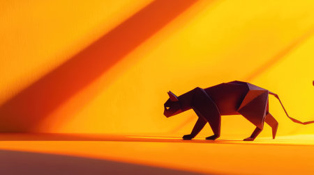 A striking black cat made from origami, set against a vibrant yellow background. The interplay of light and shadow adds depth and artistry to the scene. Perfect for art enthusiasts and lovers of unique crafts.の素材