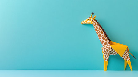 This vibrant origami giraffe stands against a bright blue backdrop, perfectly showcasing intricate paper folding skills and creativity in art. Ideal for educational and decorative uses.の素材