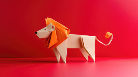 This vibrant origami lion sculpture showcases intricate paper folding techniques against a striking red background, perfect for art enthusiasts and educators.の素材