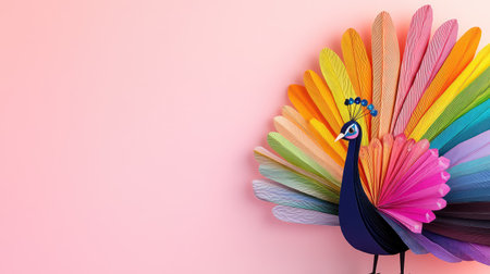 A striking image of a peacock made from colorful paper, showcasing an array of fanned feathers in vibrant hues against a soft pink background, perfect for artistic projects.の素材