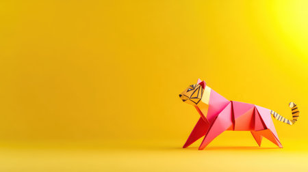 This vibrant origami tiger stands on a bright yellow background, showcasing artistic craftsmanship and playfulness. Perfect for various creative projects!の素材