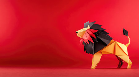 This stunning origami lion figure stands proudly against a vivid red background, showcasing intricate paper folding techniques and vibrant colors. Ideal for creative projects!の素材