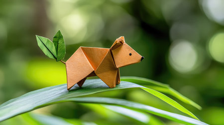 This charming origami figure of a dog balances on a green leaf, set against a blurred, natural background, capturing creativity and artistry in a playful manner.の素材