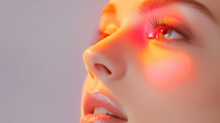 This close-up portrait showcases the serene beauty of a woman, highlighting her facial features with soft lighting and a gentle glow, creating an artistic and captivating image.の素材