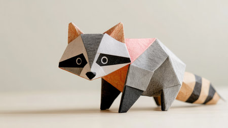 This charming paper origami raccoon model features vibrant colors and geometric shapes, perfect for artistic projects, educational tools, or playful decorations.の素材