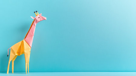 Delightful origami giraffe made from brightly colored paper stands against a calming blue background, ideal for children's decor or educational projects.の素材