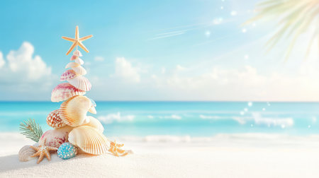 A creative beach scene featuring a stack of seashells arranged like a Christmas tree, set against a serene ocean backdrop and clear blue sky.の素材