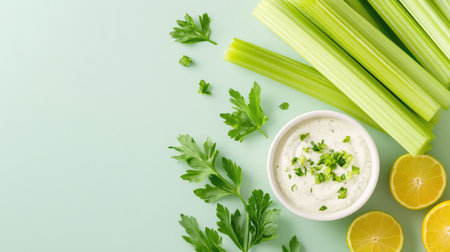 A vibrant arrangement showcasing fresh celery sticks, a creamy dip, green herbs, and slices of lemon against a pastel background, ideal for healthy snacking.の素材