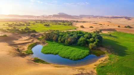 A stunning aerial view of a lush oasis framed by vast, golden sand dunes under a clear blue sky. The vibrant greenery reflects in the tranquil water, creating a serene landscape.の素材