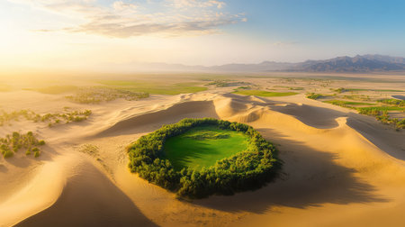 This stunning image captures a tranquil oasis nestled amidst golden sand dunes, showcasing nature's beauty at sunrise. The vibrant greenery contrasts with the arid desert, creating a serene and breathtaking desert landscape.の素材