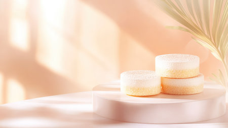 This image features three soft and delicate sponge cakes arranged on a minimalist surface, illuminated by gentle light. The subtle colors and textures create an inviting atmosphere perfect for culinary presentations.の素材