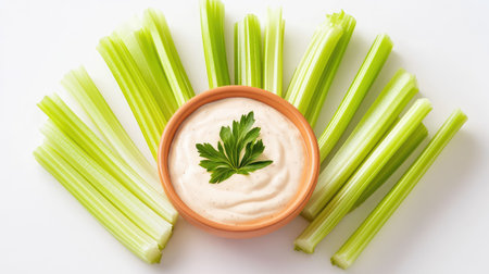 Fresh celery sticks arranged around a creamy dip, garnished with parsley, create an appealing and healthy snack presentation for any occasion.の素材