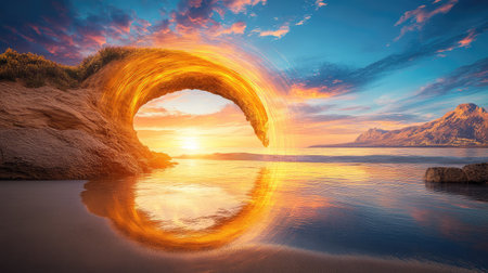 A captivating sunset view showcasing a fiery wave arching over a tranquil beach, reflecting vibrant colors and serene beauty in the water. Perfect for nature lovers.の素材