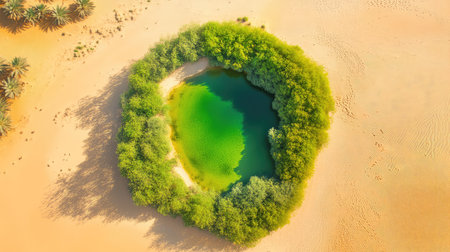 Experience the breathtaking beauty of an oasis nestled in golden sands. This aerial image captures lush greenery thriving around clear water, embodying tranquility.の素材