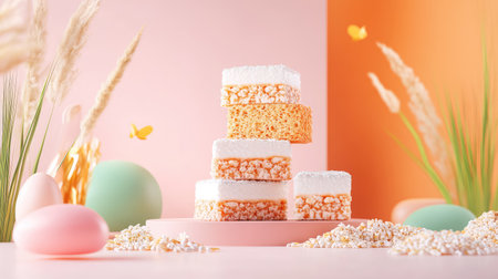 Stacked layers of rice crispy treats in pastel colors, surrounded by decorative eggs and soft elements, creating a vibrant spring-themed display.の素材
