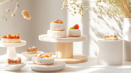 A visually appealing display of delicate rice cakes topped with fresh fruits, elegantly arranged on wooden and ceramic stands, illuminated by soft natural light.の素材