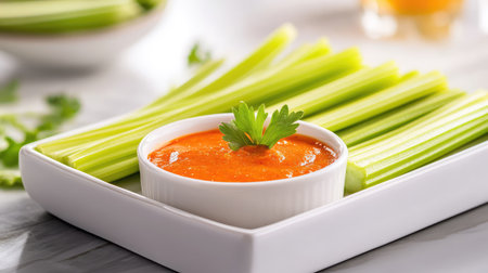 A vibrant display of fresh celery sticks served with a spicy red dip, perfect for healthy snacking and culinary inspiration on a marble table.の素材