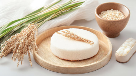 A beautifully arranged rice cake on a wooden plate surrounded by decorative wheat and a bowl of grains, highlighting minimalism and healthy eating.の素材