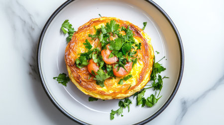 A beautifully presented fluffy omelette garnished with fresh herbs and cherry tomatoes, ideal for breakfast or brunch, showcasing vibrant flavors and colors.の素材