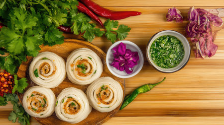 Experience the vibrant world of Indian cuisine with freshly prepared spiral rolls served alongside green chutney and colorful garnishes on a rustic wooden surface.の素材