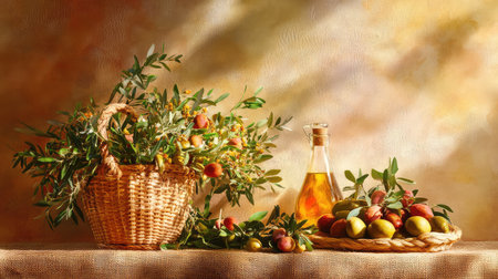 A beautifully arranged still life featuring a woven basket filled with olives, a bottle of golden oil, and lush greenery. The warm tones and soft lighting capture the essence of Mediterranean harvest.の素材