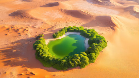 This stunning aerial view captures a tranquil oasis nestled in a vast expanse of golden sand dunes, showcasing vibrant greenery reflecting in the water.の素材
