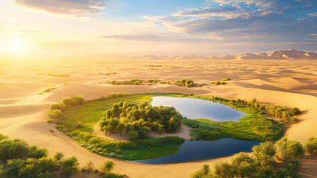 This stunning image captures a peaceful oasis surrounded by vast golden sand dunes, showcasing the beauty of nature at sunrise.の素材