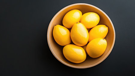 A stunning arrangement of fresh yellow lemons nestled in a wooden bowl, set against a dark background. This image conveys freshness and culinary inspiration.の素材