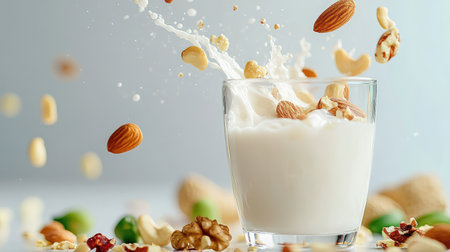 A vibrant glass of milk splashes amidst flying nuts, creating a visual feast of healthy ingredients perfect for a nutritious snack or meal.の素材