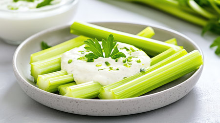 Crisp celery sticks served on a plate with a creamy dip, garnished with fresh green herbs, perfect for a healthy snack or appetizer.の素材