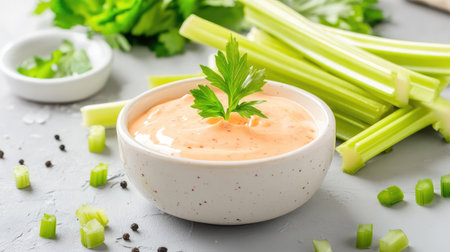 A delightful arrangement of fresh celery sticks served with a creamy dipping sauce, garnished with herbs and spices, ideal for healthy snacking.の素材